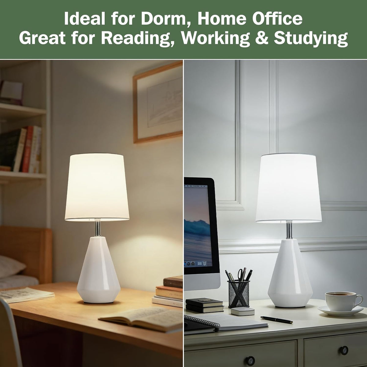 Small Bedside Table Lamp for Bedroom - Reading Desk Lamp with 3 Color Temperatures，15.5" Nightstand Ceramic Lamp with Fabric Shade for Kids Room,Living Room,Dorm,Home Office (Green)