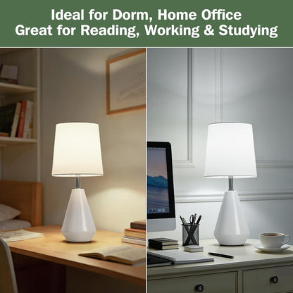Small Bedside Table Lamp for Bedroom - Reading Desk Lamp with 3 Color Temperatures，15.5" Nightstand Ceramic Lamp with Fabric Shade for Kids Room,Living Room,Dorm,Home Office (Green)