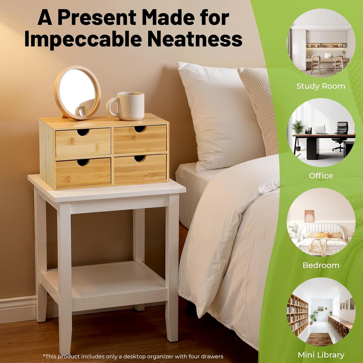 Desk Organizer, Office Vanity Bamboo Desk Organizer, Mini Bamboo Desk Drawer Tabletop Storage Box with 2 Drawer Night Stand Table Organizer for Makeup Vanity Office Supplies (2 Drawer)