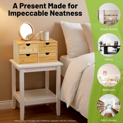 Desk Organizer, Office Vanity Bamboo Desk Organizer, Mini Bamboo Desk Drawer Tabletop Storage Box with 2 Drawer Night Stand Table Organizer for Makeup Vanity Office Supplies (2 Drawer)