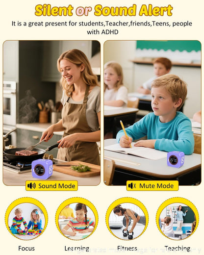 Digital Pomodoro Timer Cube 5/10/25/50min, Visual Productivity Flip Timer for Kids Classroom Desk, Custom Countdown, Silent and Sound Mode for ADHD Study Work Game Kitchen (Purple)