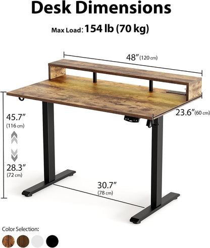 48 * 24 Inch Electric Standing Desk with Shelf & Led, Dark Walnut