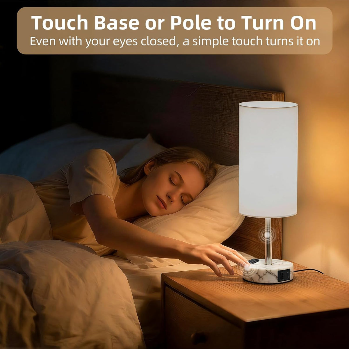 Table Lamp for Nightstand, High-Sensitivity Touch, 3-Level Dimmable Bedside Lamp with AC Outlet | USB | and USB-C, Ideal Night Stand Lamp for Bedroom, Reading, Living Room(Warm&Wooden)