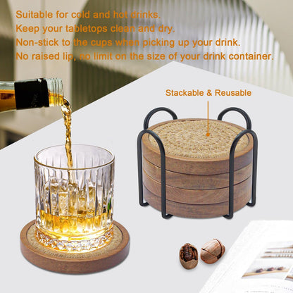 Wood Coasters for Drinks, Eykao Absorbent Coaster Sets of 5, Woven Drink Coasters for Coffee Table, Housewarming Gift for Farmhouse Home Decor,4 inches