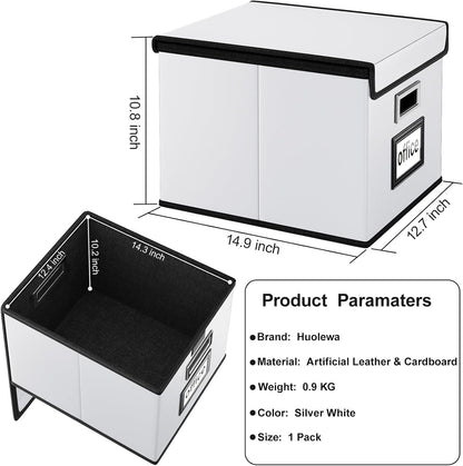 Upgraded Portable File Organizer Box with Lid, Collapsible Linen Hanging Filing Storage Boxes with Plastic Slides, Decorative Home/Office Filing System Box for File and Folders Storage (Gray)