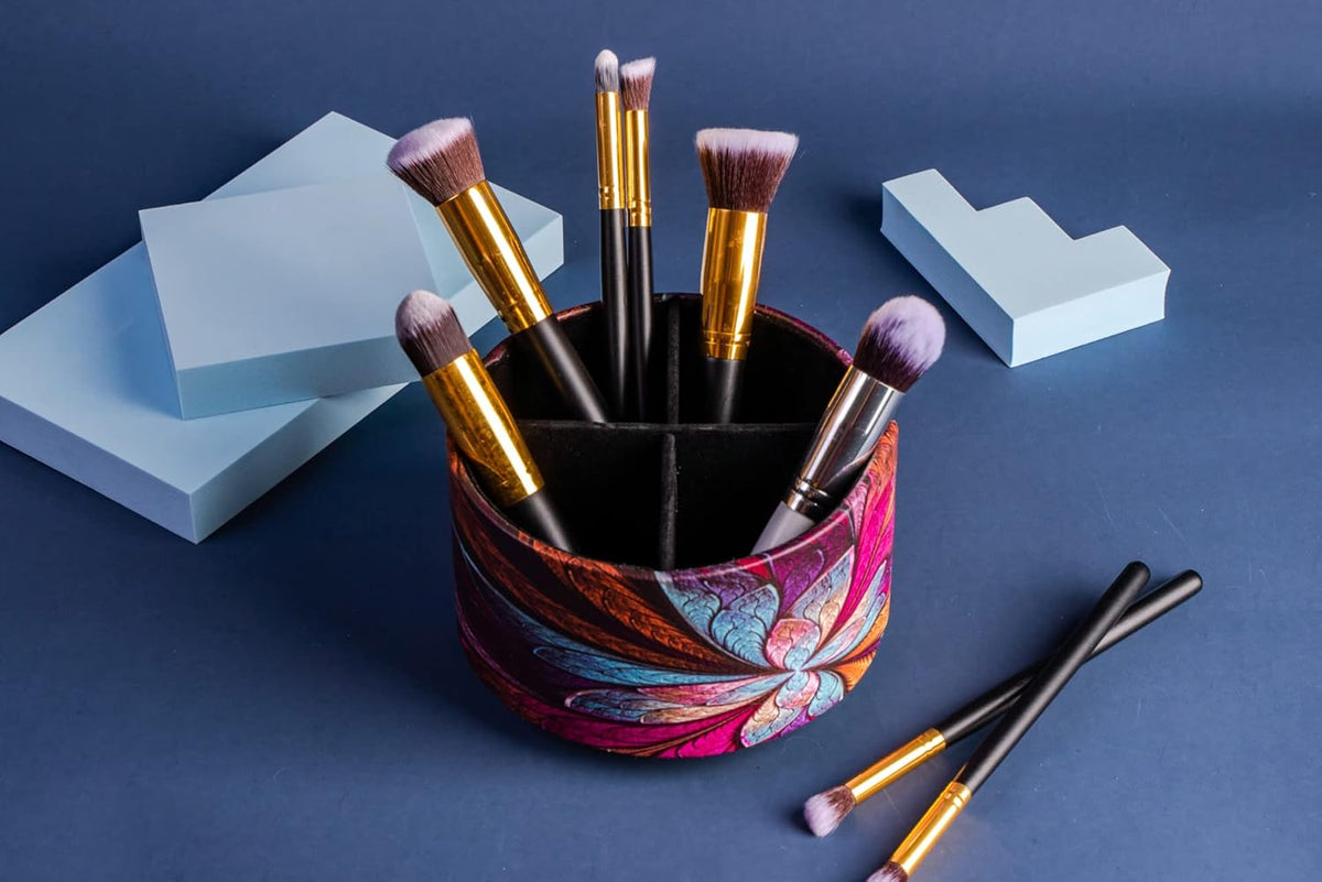 Round Leather Art Supply Organizer,Remote Control Holder,360 Degree Rotating,Multi-Functional Pencil Holder,4 Compartments Desktop Stationary Organizer(1-Blue Bird) - Colors B