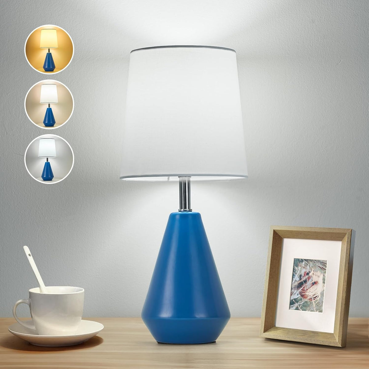 Small Bedside Table Lamp for Bedroom - Reading Desk Lamp with 3 Color Temperatures，15.5" Nightstand Ceramic Lamp with Fabric Shade for Kids Room,Living Room,Dorm,Home Office (Green)
