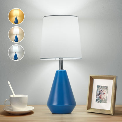 Small Bedside Table Lamp for Bedroom - Reading Desk Lamp with 3 Color Temperatures，15.5" Nightstand Ceramic Lamp with Fabric Shade for Kids Room,Living Room,Dorm,Home Office (Green)