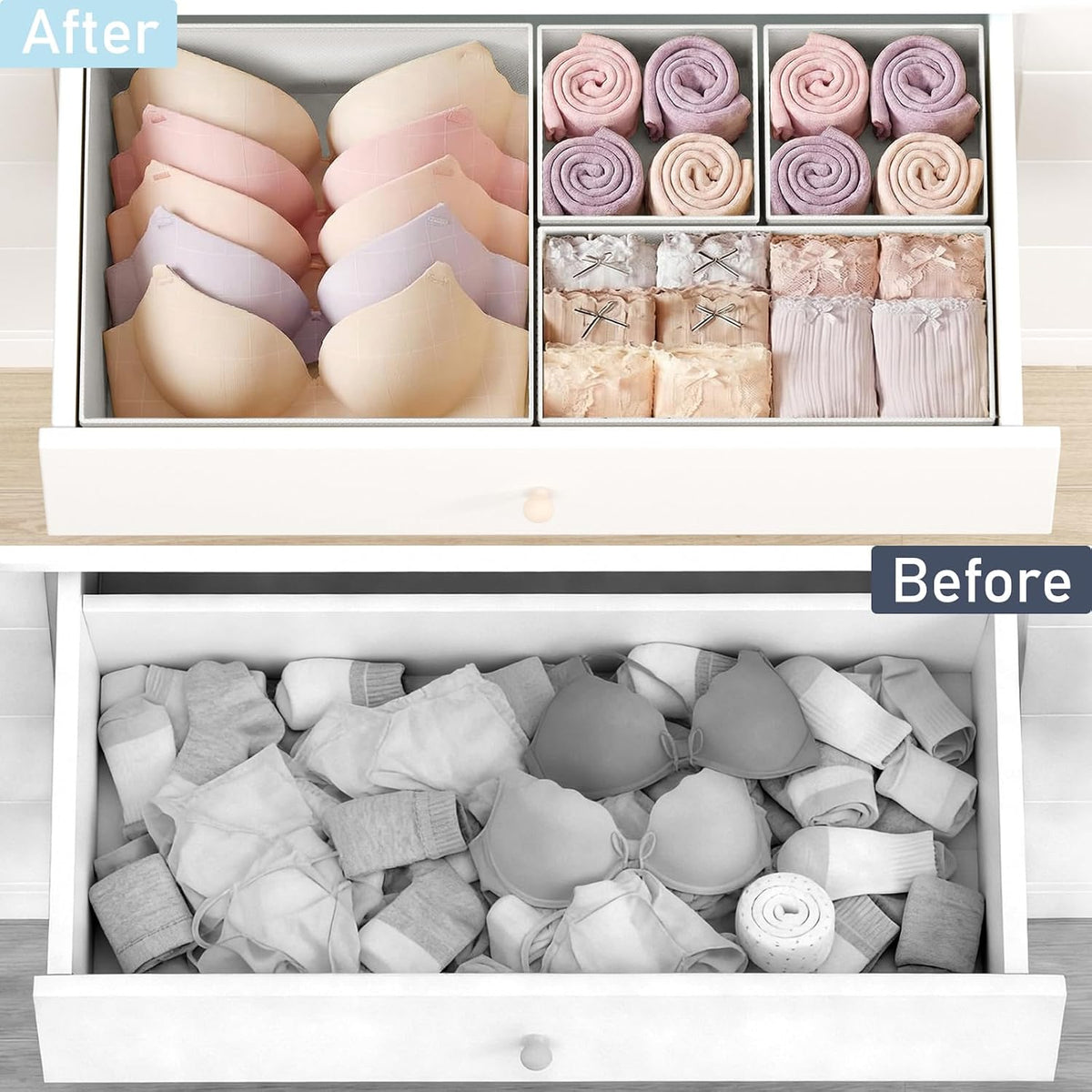 Drawer Organizer Clothes, Dresser Organizer, Foldable Closet Organizers and Storage, Fabric Dresser Bins, Drawer Dividers for Nursery, Baby Clothes, Underwears, Sock (Beige)