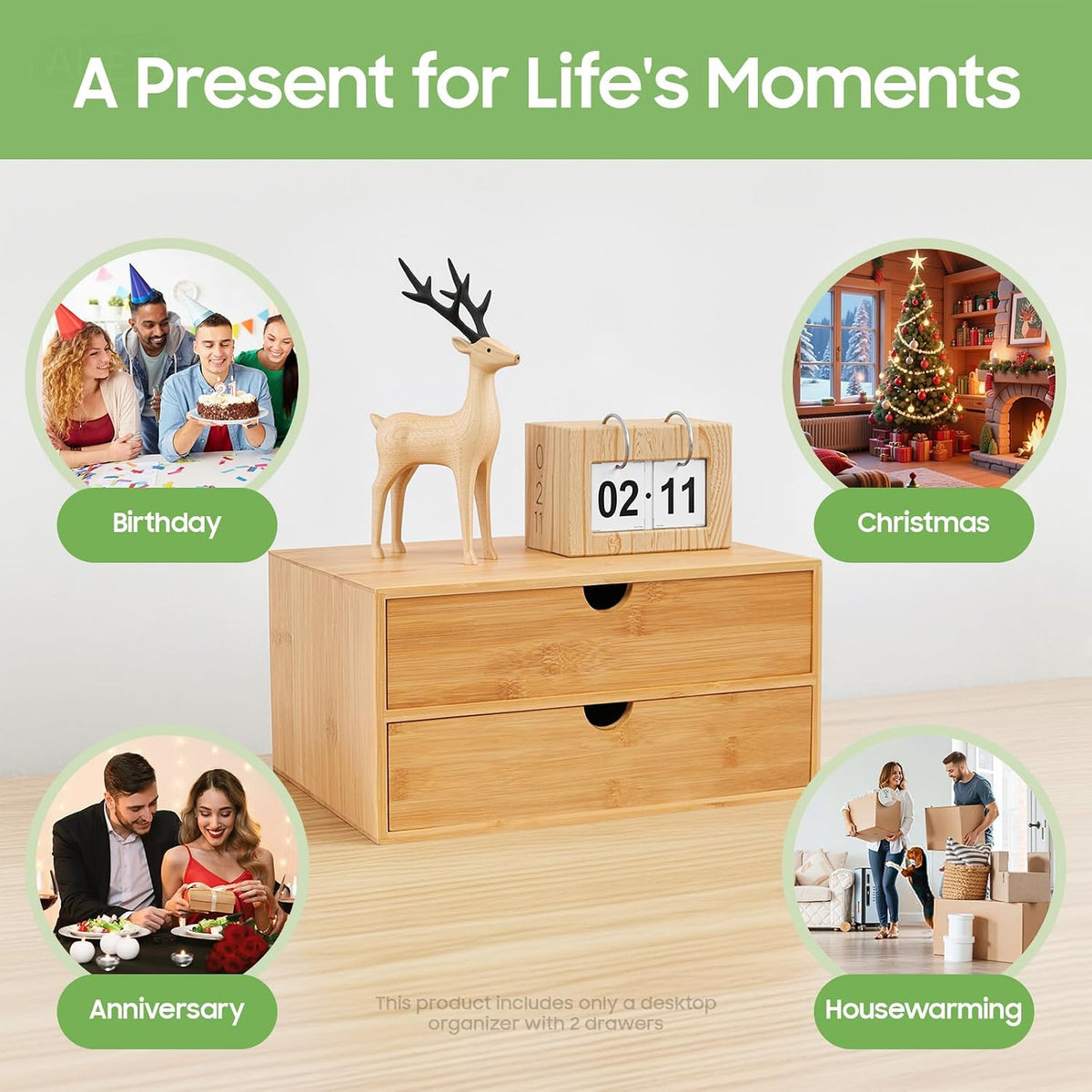 Desk Organizer, Office Vanity Bamboo Desk Organizer, Mini Bamboo Desk Drawer Tabletop Storage Box with 2 Drawer Night Stand Table Organizer for Makeup Vanity Office Supplies (2 Drawer)