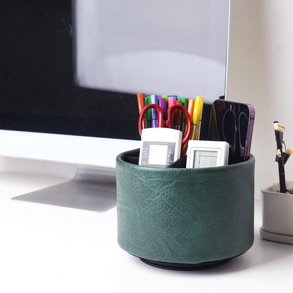 Round Leather Art Supply Organizer,Remote Control Holder,360 Degree Rotating,Multi-Functional Pencil Holder,4 Compartments Desktop Stationary Organizer(1-Blue Bird) - Colors A