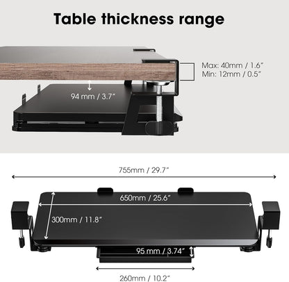Fenge Keyboard Tray Under Desk, Pull Out Keyboard & Mouse Tray with C Clamp Mount, Sliding Keyboard Holder for Desk, 25.6 x 11.8 inch Large Slide-Out Platform Computer Drawer for Typing