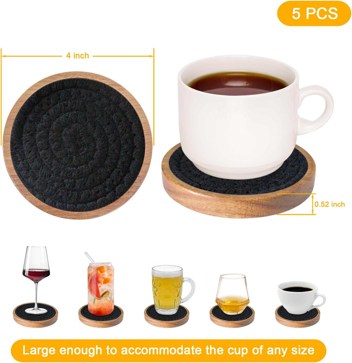 Wood Coasters for Drinks, Eykao Absorbent Coaster Sets of 5, Woven Drink Coasters for Coffee Table, Housewarming Gift for Farmhouse Home Decor,4 inches