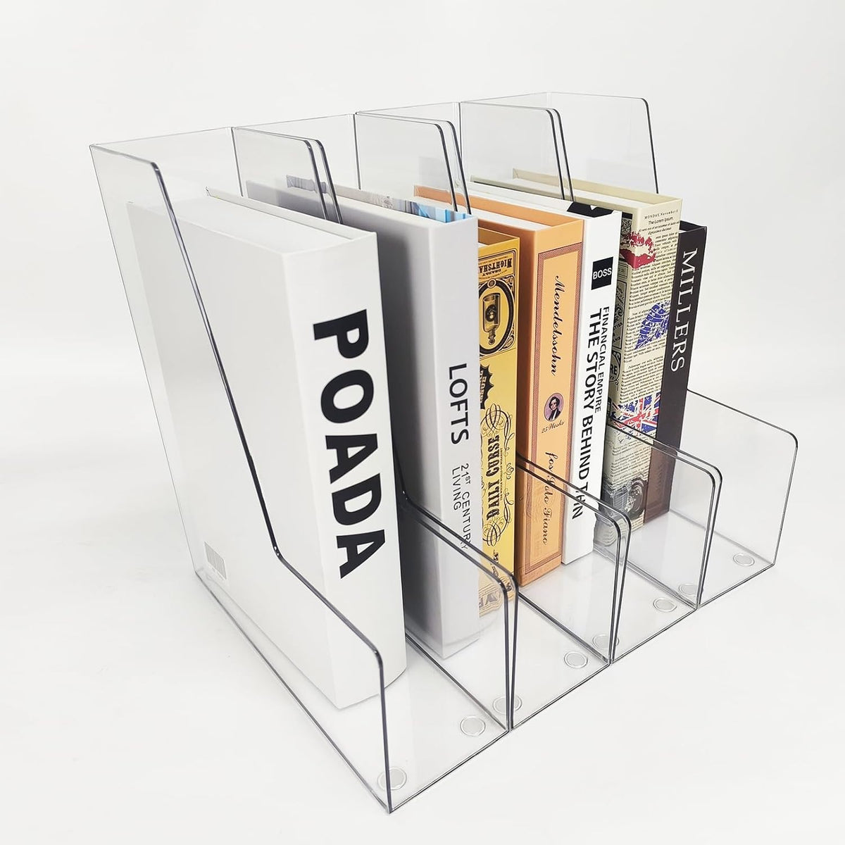 Clear Vertical File Holder, 2 pack, for Home Office | Clear plastic Magazine Organizer, 2-pack. Multi-purpose document organizer for home office, school. Space-saving storage.