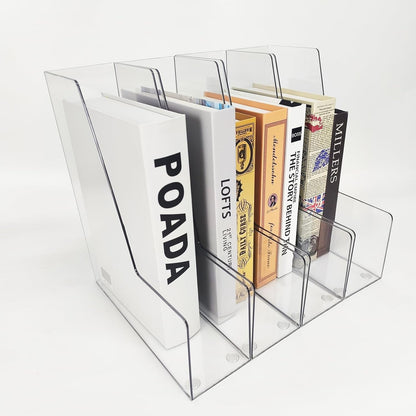 Clear Vertical File Holder, 2 pack, for Home Office | Clear plastic Magazine Organizer, 2-pack. Multi-purpose document organizer for home office, school. Space-saving storage.