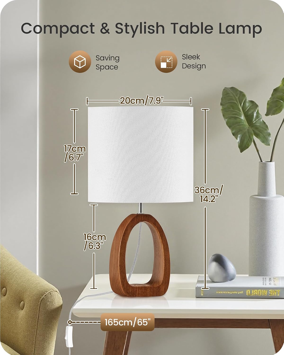 Small Table Lamp, 14.2" Cute Little Desk Lamp, Wood Bedside Lamp with Linen Lampshade, Modern Nightstand Lamp for Bedroom, E26 Base, Bulb Not Included, Beige and Dark Natural LE07TL05
