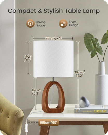 Small Table Lamp, 14.2" Cute Little Desk Lamp, Wood Bedside Lamp with Linen Lampshade, Modern Nightstand Lamp for Bedroom, E26 Base, Bulb Not Included, Beige and Dark Natural LE07TL05