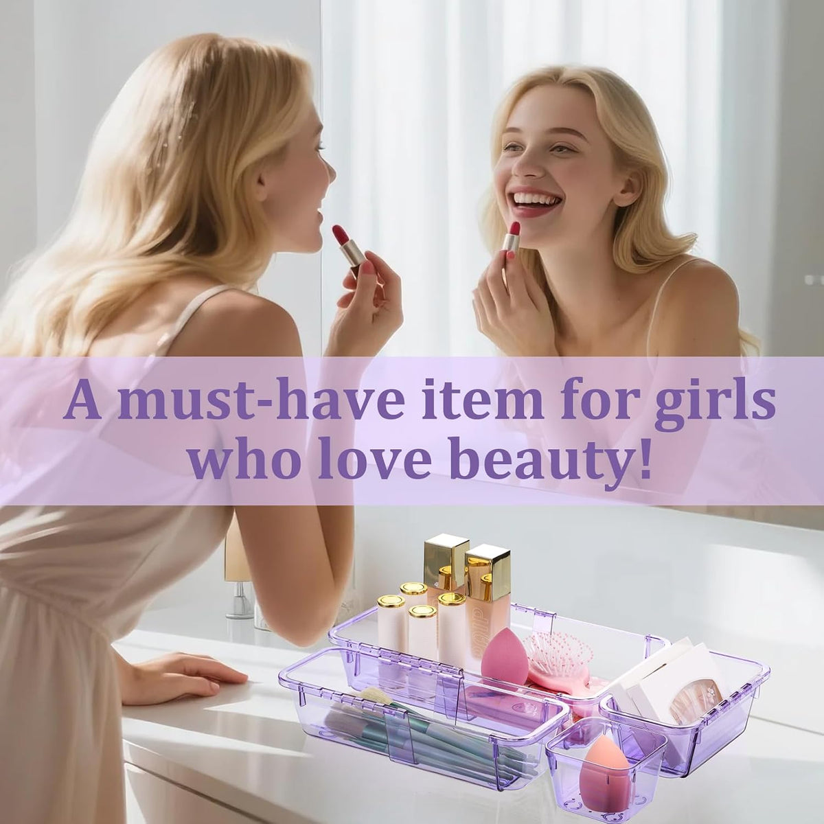 Adjustable Clear Drawer Organizer, Extendable Vanity Storage Bins, Desk Drawer Organizer Set for Makeup, Cosmetics, Bedroom, and Gadgets, Purple