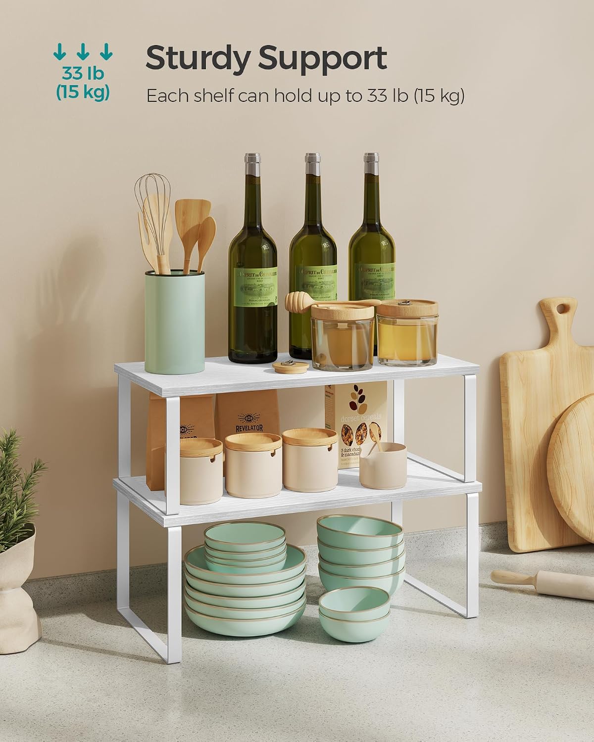 SONGMICS Cabinet Organizer Shelf, Set of 4 Kitchen Counter Shelves, Kitchen Storage, Spice Rack, Stackable, Expandable, Metal and Engineered Wood, Cloud White and Natural Beige UKCS010N01