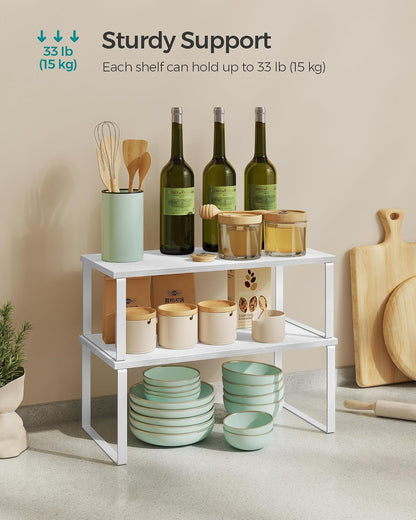 SONGMICS Cabinet Organizer Shelf, Set of 4 Kitchen Counter Shelves, Kitchen Storage, Spice Rack, Stackable, Expandable, Metal and Engineered Wood, Cloud White and Natural Beige UKCS010N01