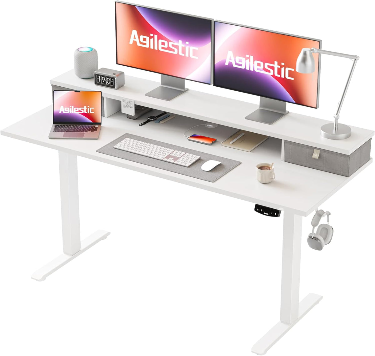 48 * 24 Inch Electric Standing Desk with Shelf & Led, Dark Walnut