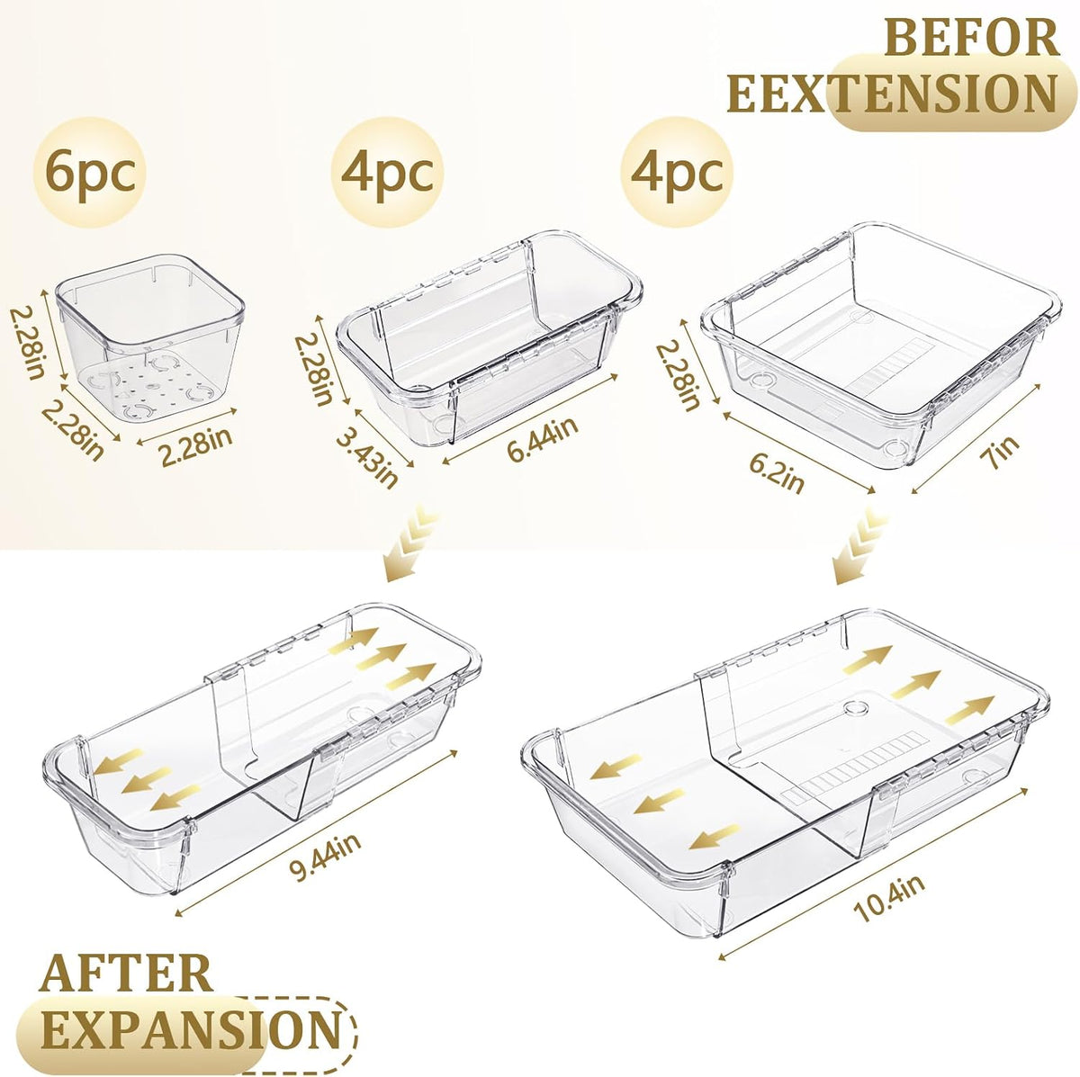 Adjustable Clear Drawer Organizer, Extendable Vanity Storage Bins, Desk Drawer Organizer Set for Makeup, Cosmetics, Bedroom, and Gadgets, Purple