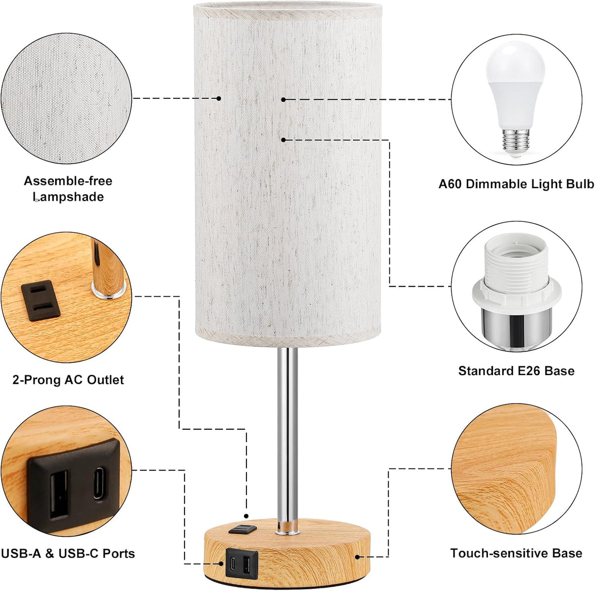 Fenmzee Bedside Table Lamp for Bedroom - Dimmable Touch, USB A+C, AC Outlet
