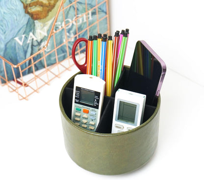 Round Leather Art Supply Organizer,Remote Control Holder,360 Degree Rotating,Multi-Functional Pencil Holder,4 Compartments Desktop Stationary Organizer(1-Blue Bird) - Colors A