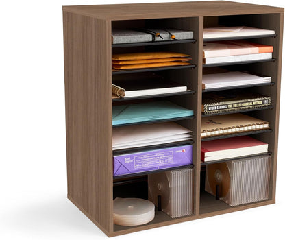 Safco 9422GR Wood Adjustable Literature & Paper Organizer, 16 Adjustable Compratment, Stackable Durable Construction, Home, Office, Mailroom, Classroom Mailbox , Gray
