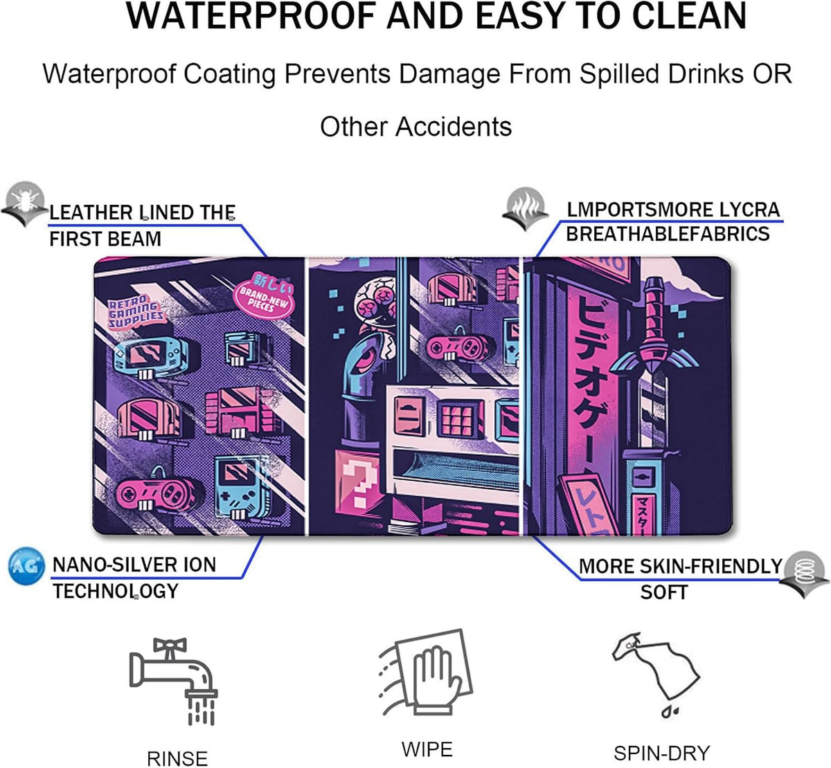 31.5" x 15.7" Waterproof Fabric Desk Pad, Rubber Anti-Slip Base, Stitched Edges No Curling, Fits Laptop Keyboard and Mouse, Smooth Office Mat Large Mouse Pad for Work Game, Black