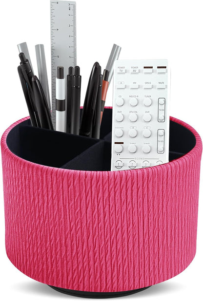Round Leather Art Supply Organizer,Remote Control Holder,360 Degree Rotating,Multi-Functional Pencil Holder,4 Compartments Desktop Stationary Organizer(1-Blue Bird) - Colors A