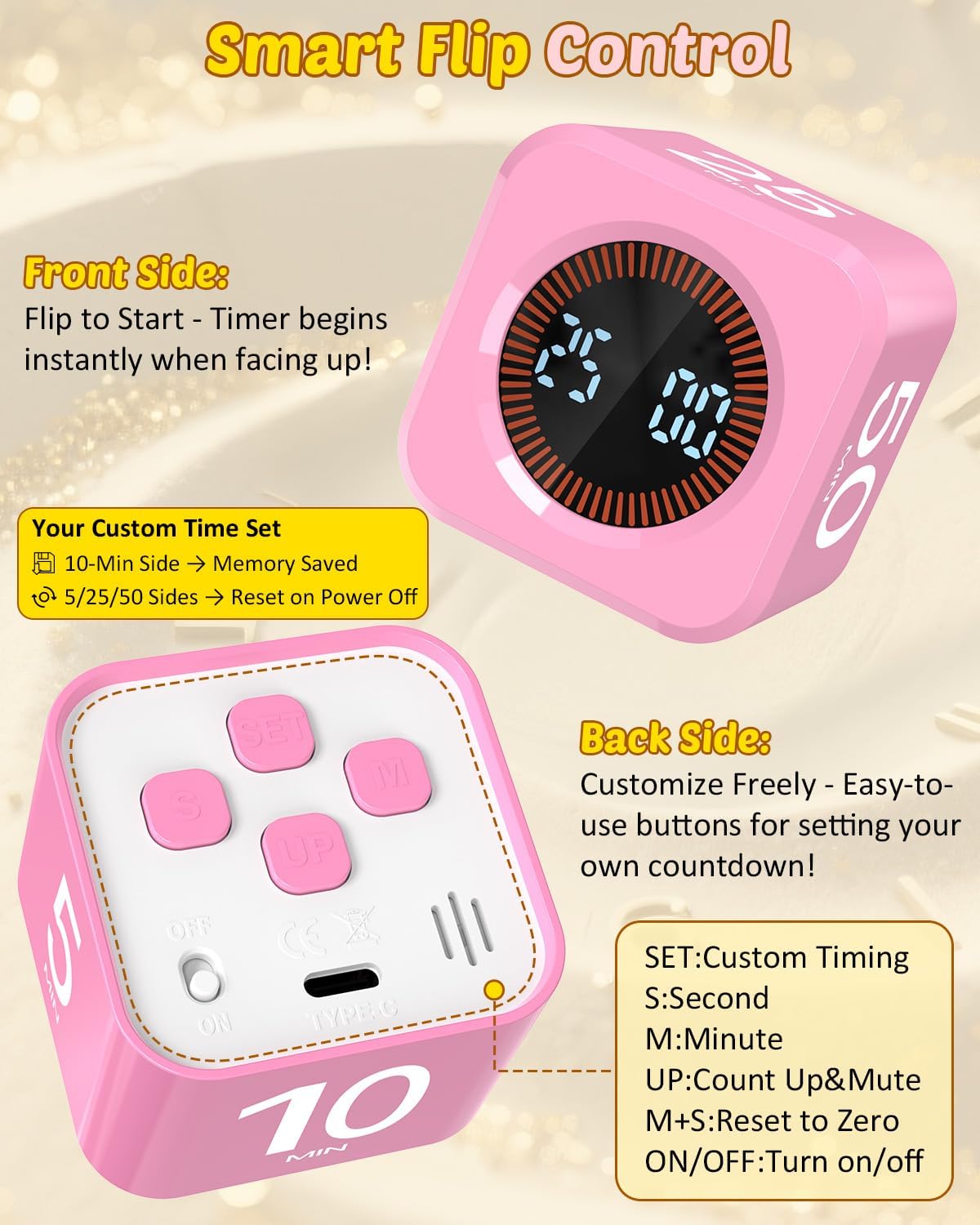 Digital Pomodoro Timer Cube 5/10/25/50min, Visual Productivity Flip Timer for Kids Classroom Desk, Custom Countdown, Silent and Sound Mode for ADHD Study Work Game Kitchen (Purple)