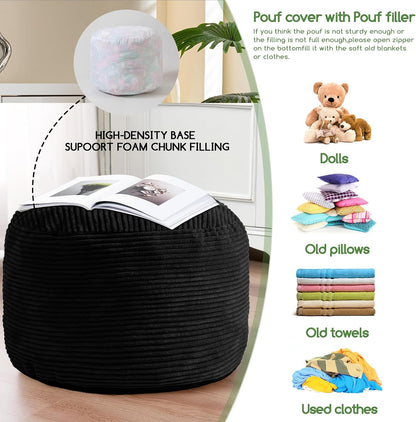 Round Stuffed Pouf Ottoman, Corduroy Poufs with Foam Chunk Filling, Furry and Fluffy Pouf Foot Stool Storage Ottoman, 20 X 15 Floor Poufs Foot Rest for Living Room, Dark Grey