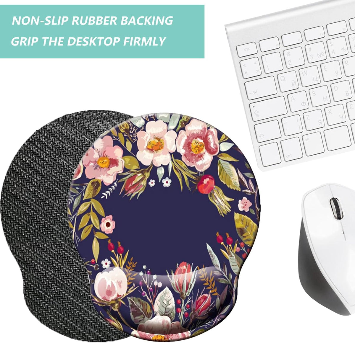 Mouse Pad with Wrist Support, Ergonomic Mouse Pad with Memory Foam Wrist Rest Cushion, Non-Slip Rubber Base Gaming Mice Pad for Home Office Computer Laptop, Flower Black