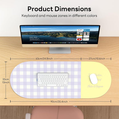 Checkered Pattern Desk Pad Protector, 35.5 x 13'' Aesthetic Mouse Mat for Desktop, Waterproof PU Leathe Non-Slip Desk Writing Pad for Office and Home, Green and Purple