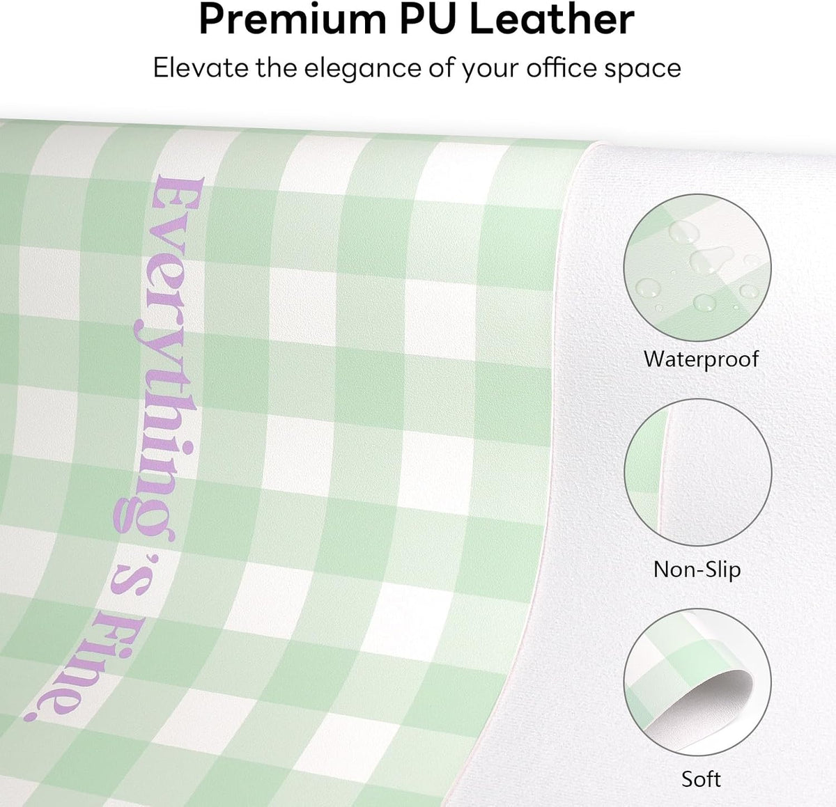 Checkered Pattern Desk Pad Protector, 35.5 x 13'' Aesthetic Mouse Mat for Desktop, Waterproof PU Leathe Non-Slip Desk Writing Pad for Office and Home, Green and Purple
