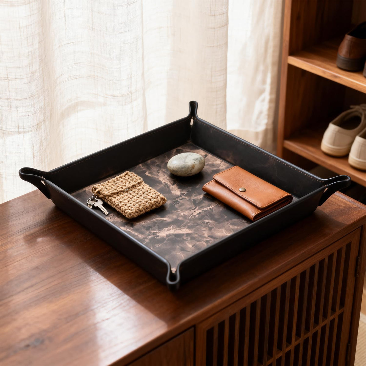 Valet Tray Desktop Storage Organizer – Vegan Leather Catchall Bedside Vanity Tray Nightstand Caddy Holder for Remote Controller, Watch, Keys, Phone, Wallet, Coin, Jewelry (Orange/Black)