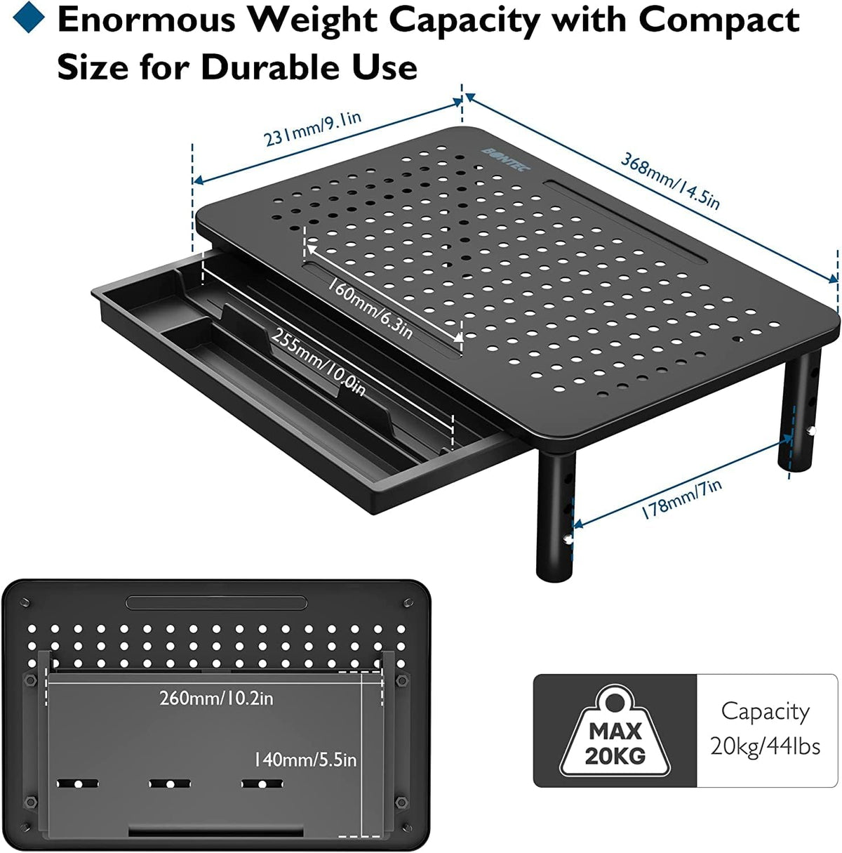 BONTEC Adjustable Monitor Stand Riser with Drawer, Ergonomic Mesh Platform Computer Monitor Stand for Desk, Ventilated Laptop and PC Stand with Cable Management, Supports up to 44lbs