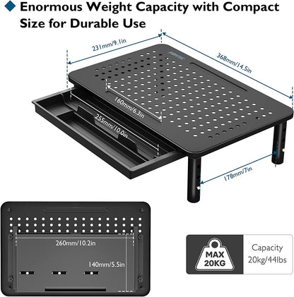 BONTEC Adjustable Monitor Stand Riser with Drawer, Ergonomic Mesh Platform Computer Monitor Stand for Desk, Ventilated Laptop and PC Stand with Cable Management, Supports up to 44lbs