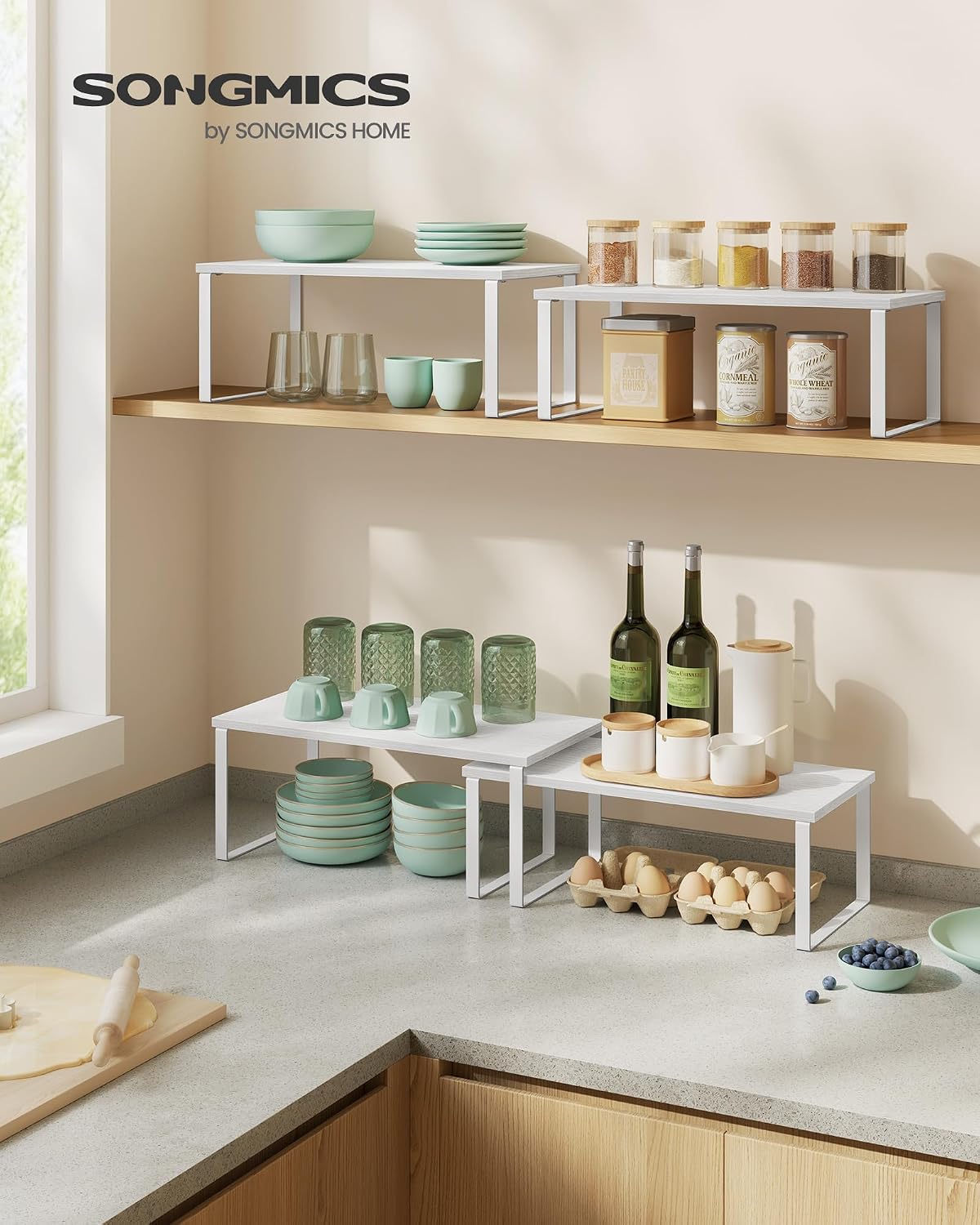 SONGMICS Cabinet Organizer Shelf, Set of 4 Kitchen Counter Shelves, Kitchen Storage, Spice Rack, Stackable, Expandable, Metal and Engineered Wood, Cloud White and Natural Beige UKCS010N01