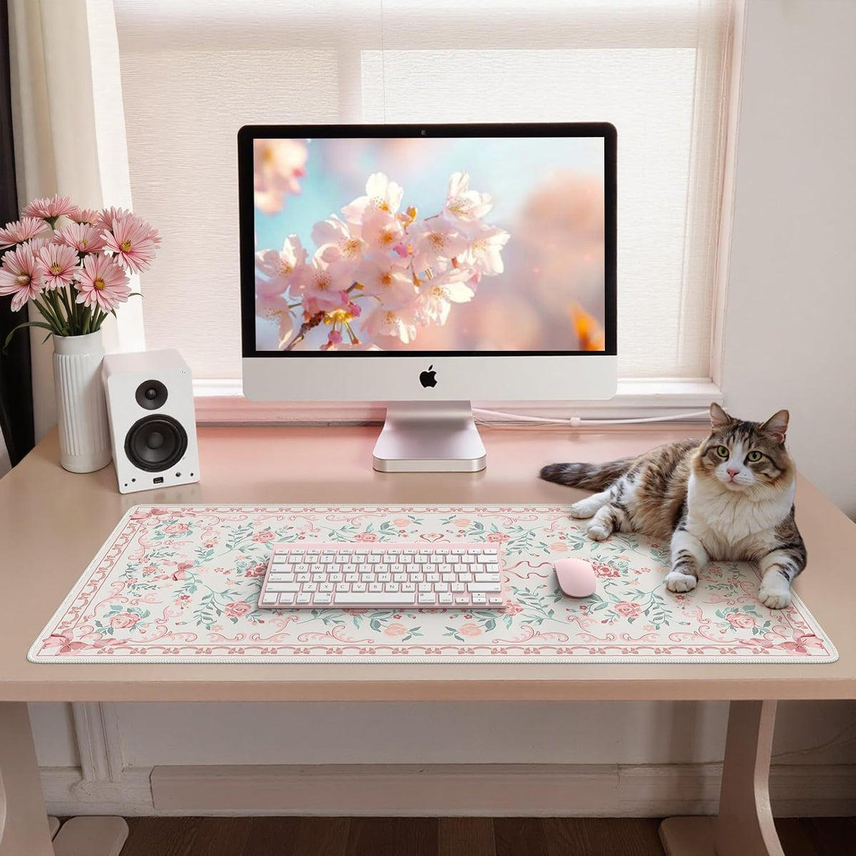 Desk Mat,Mouse Pad for Office Desk,35.4x15.7in,Pink Flowers