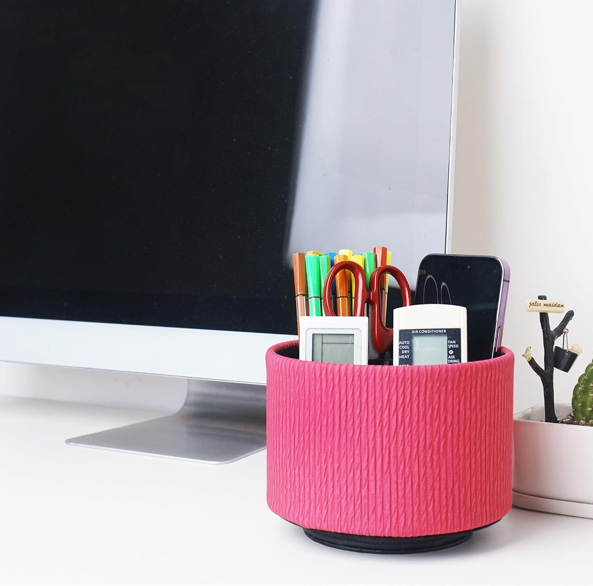 Round Leather Art Supply Organizer,Remote Control Holder,360 Degree Rotating,Multi-Functional Pencil Holder,4 Compartments Desktop Stationary Organizer(1-Blue Bird) - Colors A