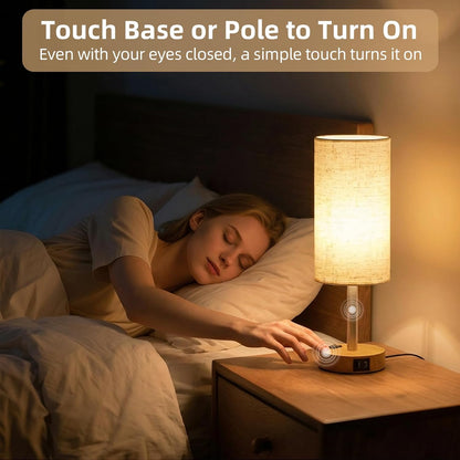 Table Lamp for Nightstand, High-Sensitivity Touch, 3-Level Dimmable Bedside Lamp with AC Outlet | USB | and USB-C, Ideal Night Stand Lamp for Bedroom, Reading, Living Room(Warm&Wooden)