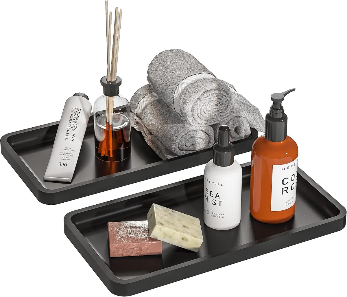 Small Bathroom Vanity Tray for Countertop Makeup Perfume Jewelry Decor Candle Keys, Small Black Kitchen Tray for Soap Dispenser Spice Bamboo Toilet Tray 7.9" L x 4" W x 0.79" H