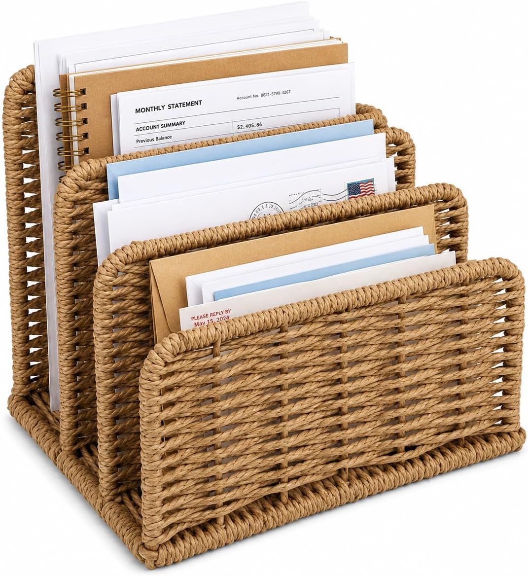 Desk Mail Organizer, 3-Slot Woven Letter Sorter File Tray, Multi-Purpose Desk Holder for Envelopes, Bills, Documents, Notebooks, Office and Home Use