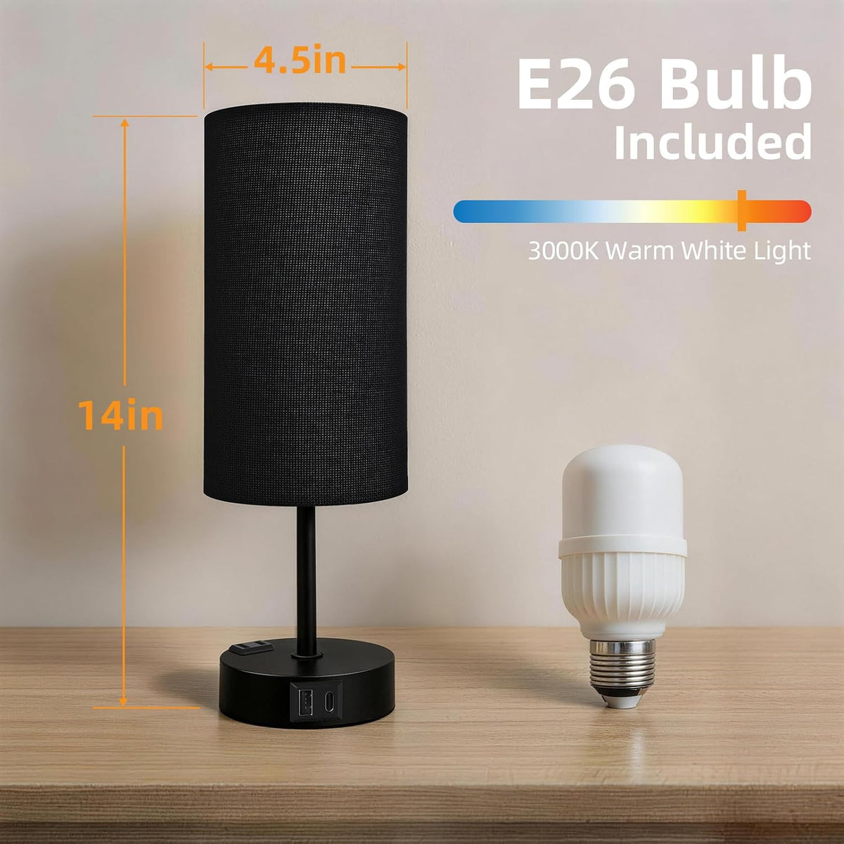 Table Lamp for Nightstand, High-Sensitivity Touch, 3-Level Dimmable Bedside Lamp with AC Outlet | USB | and USB-C, Ideal Night Stand Lamp for Bedroom, Reading, Living Room(Warm&Wooden)