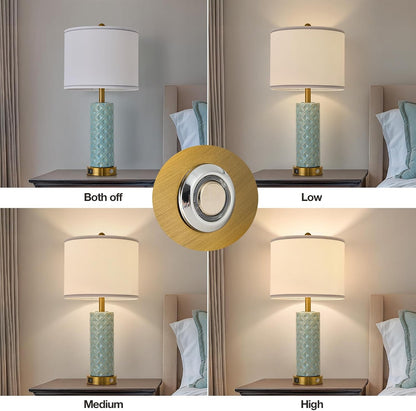 Small Bedside Table Lamp for Bedroom - Reading Desk Lamp with 3 Color Temperatures，15.5" Nightstand Ceramic Lamp with Fabric Shade for Kids Room,Living Room,Dorm,Home Office (Green)