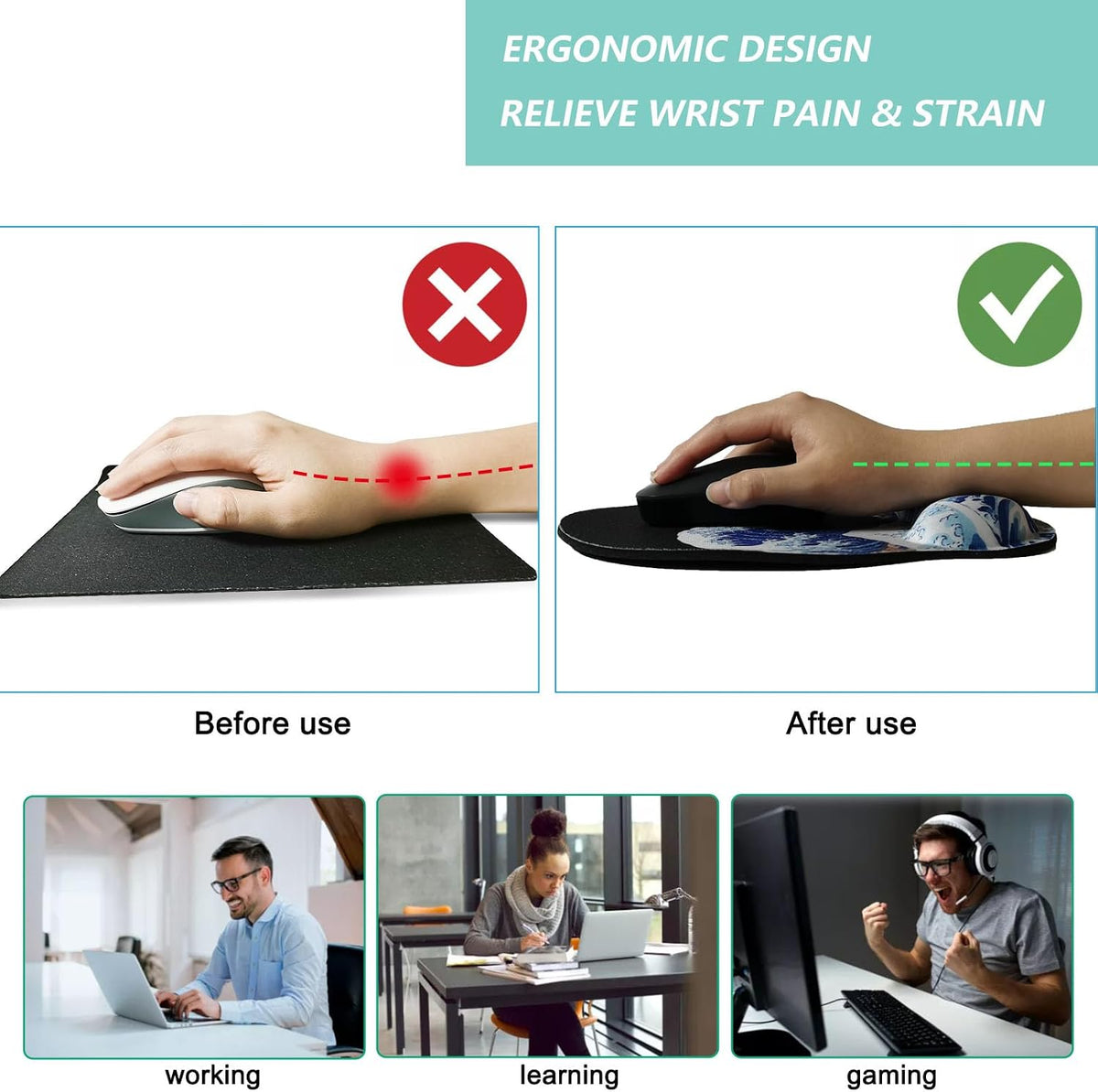Mouse Pad with Wrist Support, Ergonomic Mouse Pad with Memory Foam Wrist Rest Cushion, Non-Slip Rubber Base Gaming Mice Pad for Home Office Computer Laptop, Flower Black