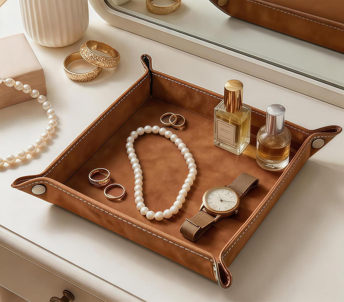 Valet Tray Desktop Storage Organizer – Vegan Leather Catchall Bedside Vanity Tray Nightstand Caddy Holder for Remote Controller, Watch, Keys, Phone, Wallet, Coin, Jewelry (Orange/Black)