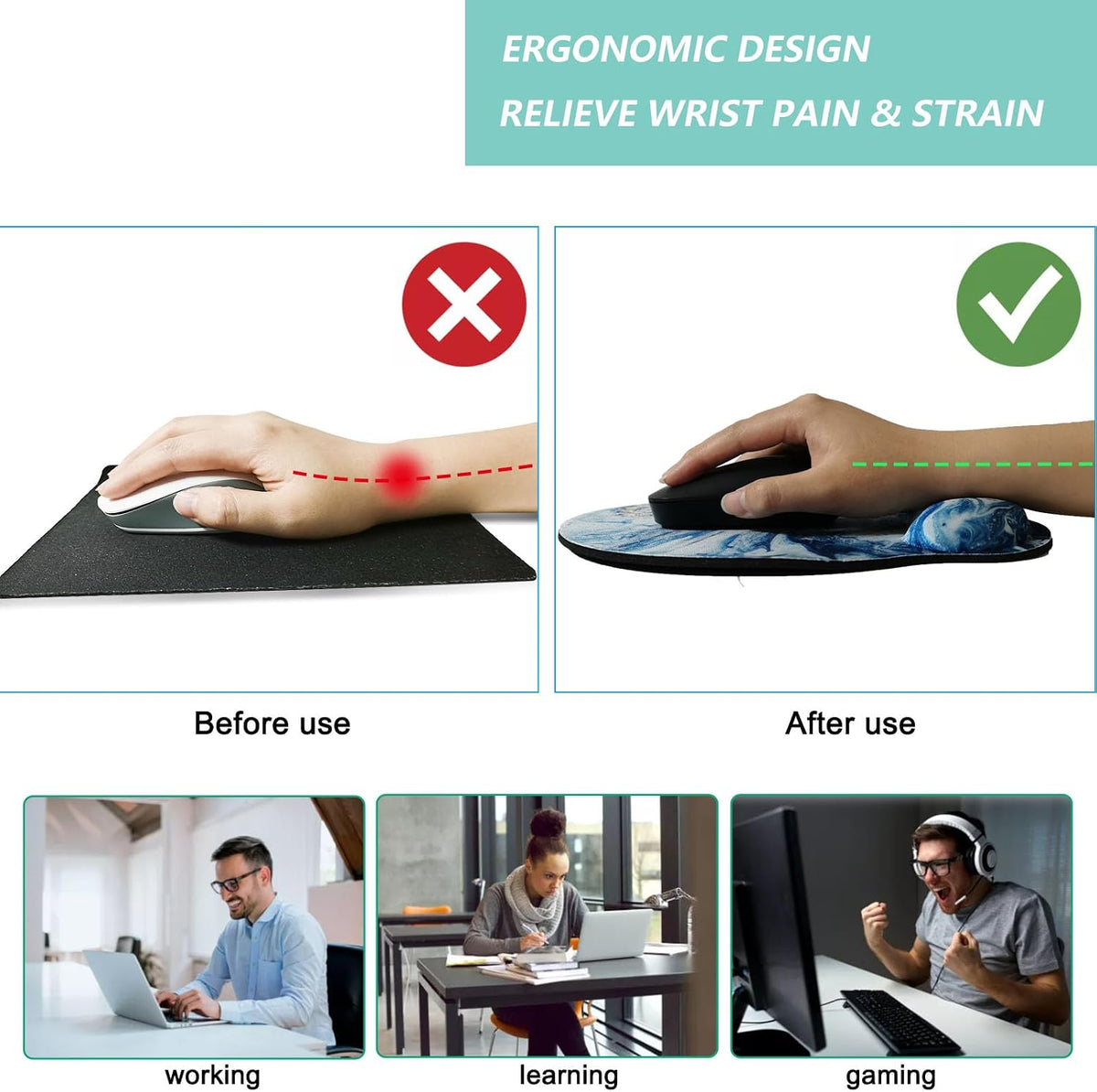 Mouse Pad with Wrist Support, Ergonomic Mouse Pad with Memory Foam Wrist Rest Cushion, Non-Slip Rubber Base Gaming Mice Pad for Home Office Computer Laptop, Flower Black